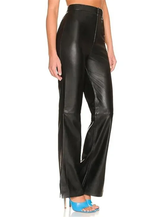 💋CHIC & STYLISH!💋100% Genuine Leather High Waist Slit Hem Flare Pants in Black - Picture 3 of 16